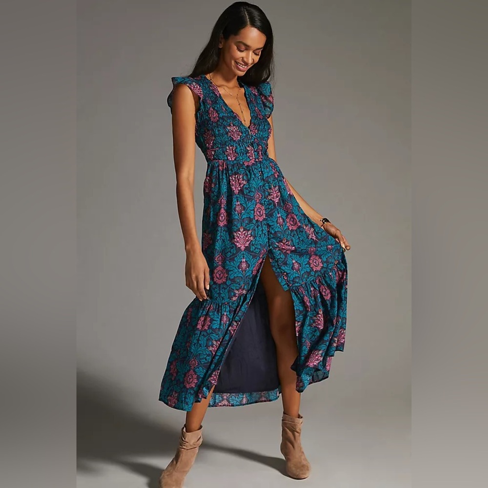 Anthropologie Teal Floral V-Neck Maxi Dress